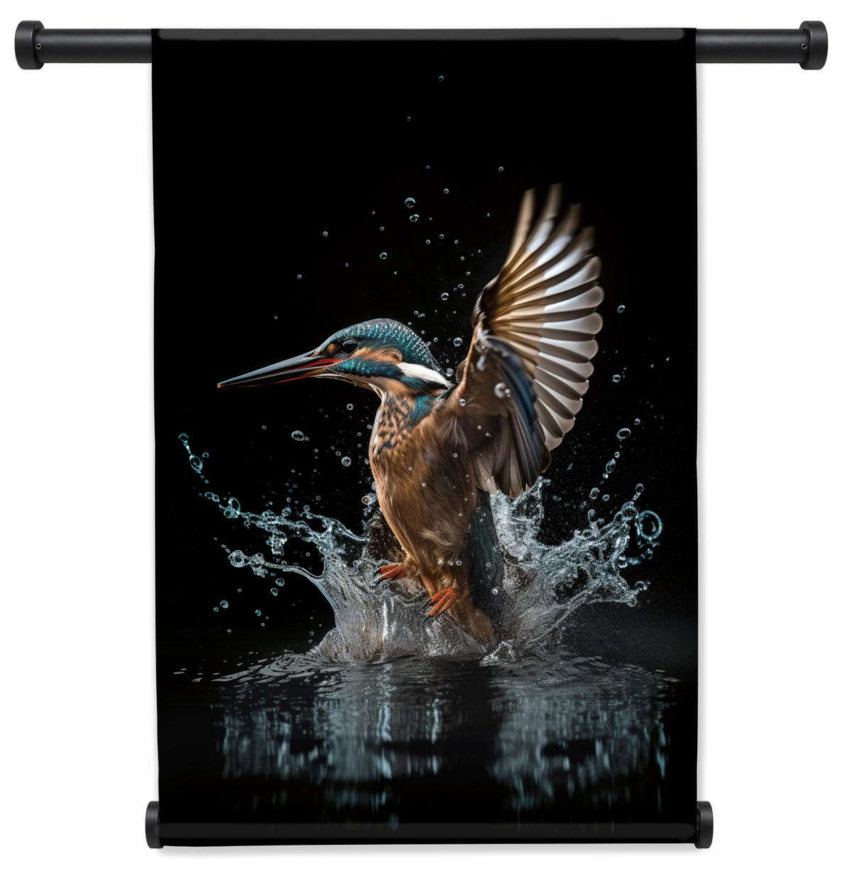 Wandkleed Ijsvogel 4: ijsvogel die uit het water opstijgt tegen een zwarte achtergrond.