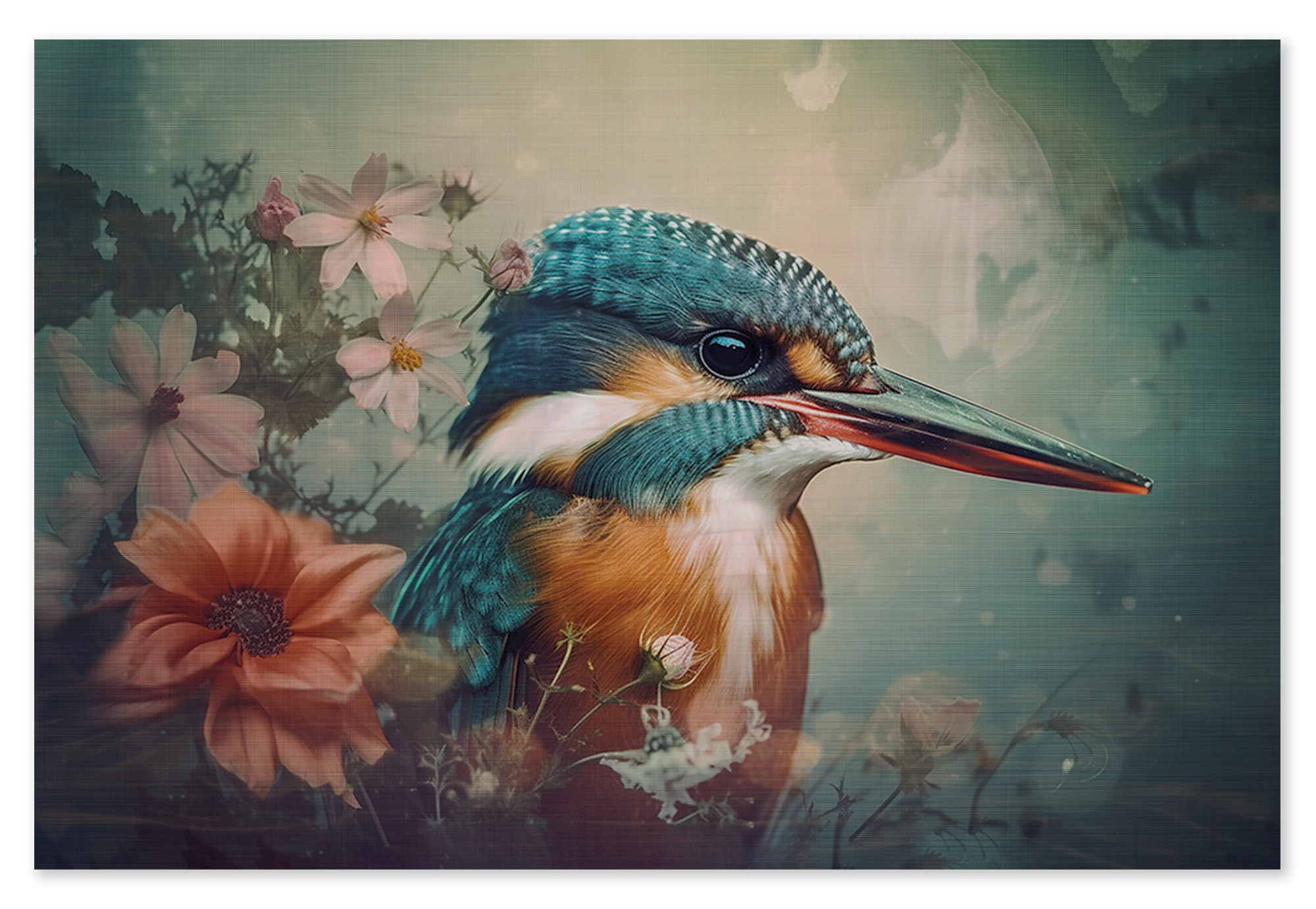 Houten wanddecoratie Ijsvogel 5: blauw-oranje ijsvogel tussen bloemen tegen een zachte groene achtergrond.