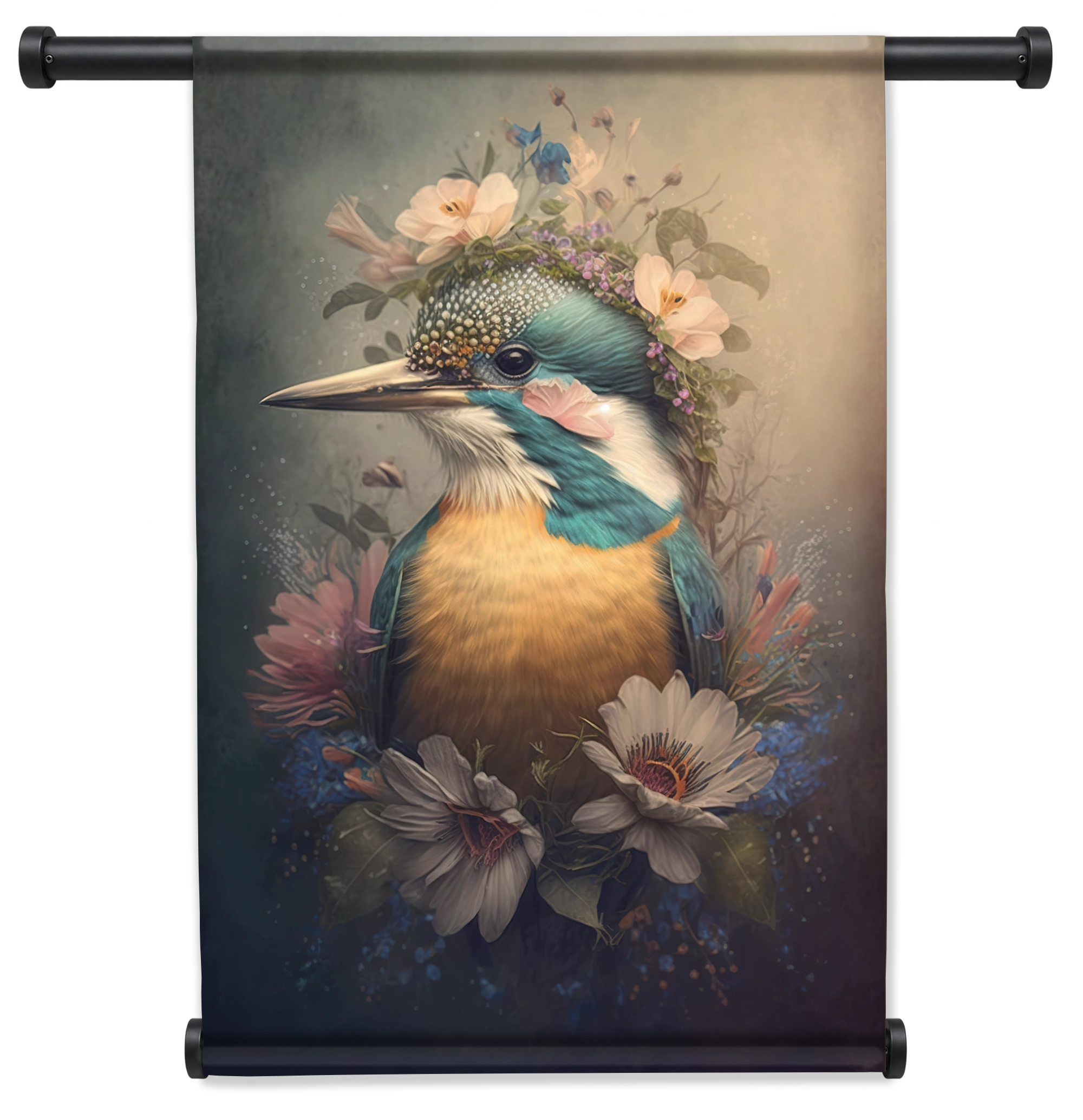 Wandkleed Ijsvogel 6: ijsvogel met bloemen op de kop en rond de borst.