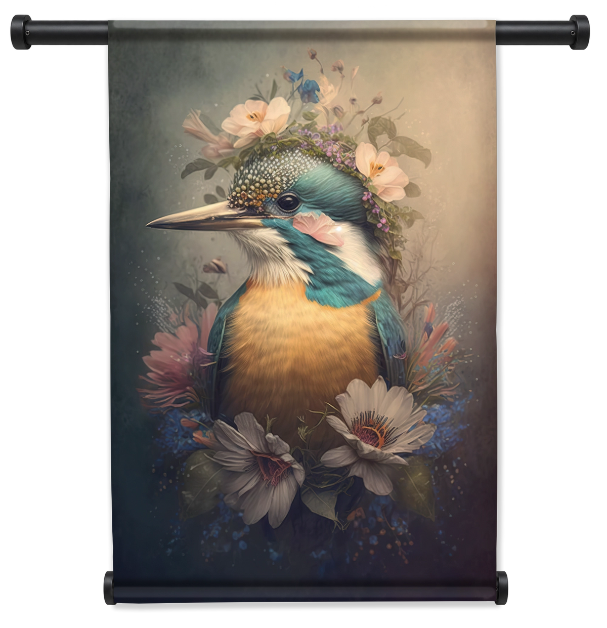 Wandkleed Ijsvogel 6: ijsvogel met bloemen op de kop en rond de borst.