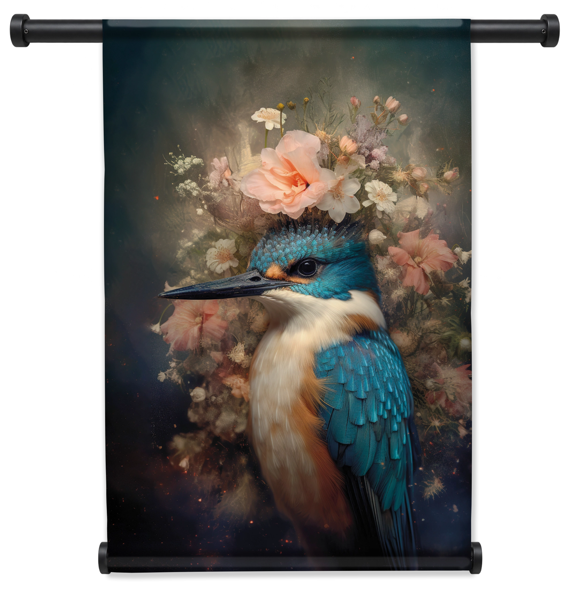 Ijsvogel 7 wandkleed staand met zwarte roedes