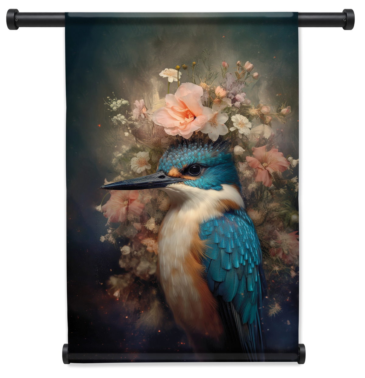 Wandkleed Ijsvogel 7: blauwe ijsvogel met roze bloemen op de kop.