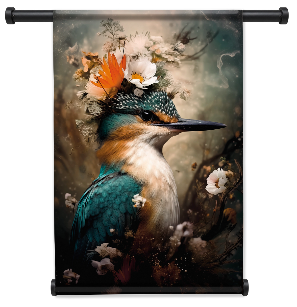 Wandkleed Ijsvogel 8: ijsvogel met witte bloemen en een oranje vlinder op de kop.