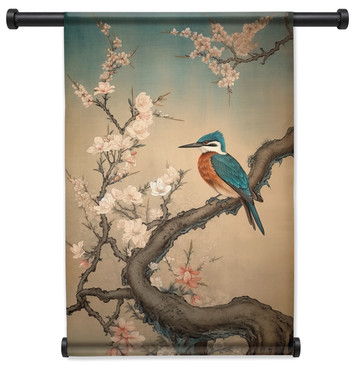 Wandkleed Ijsvogel 9: ijsvogel op een tak tussen witte en roze bloesem.