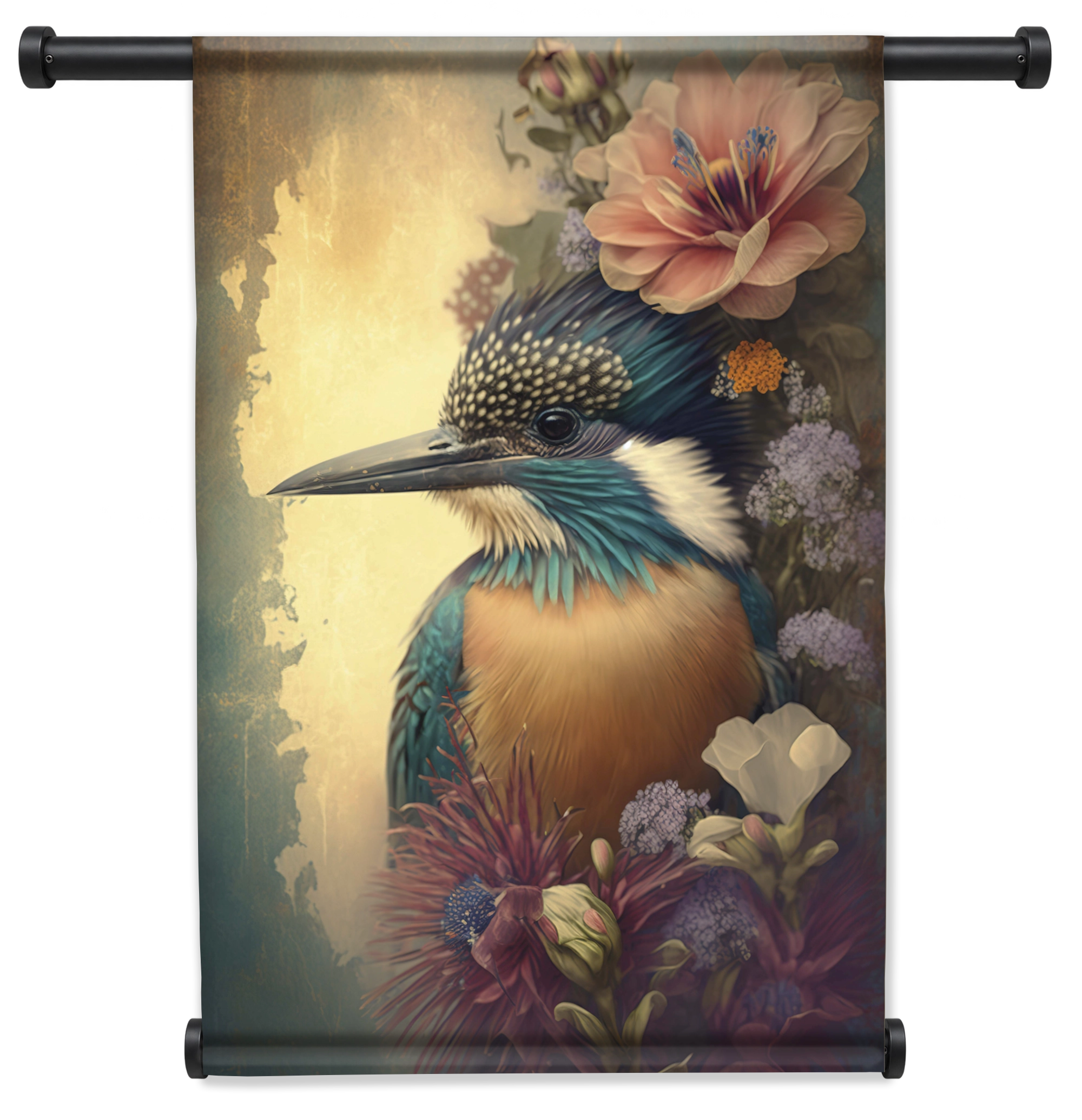 Wandkleed Ijsvogel: ijsvogel tussen bloemen in zachte blauwe en gele tinten.