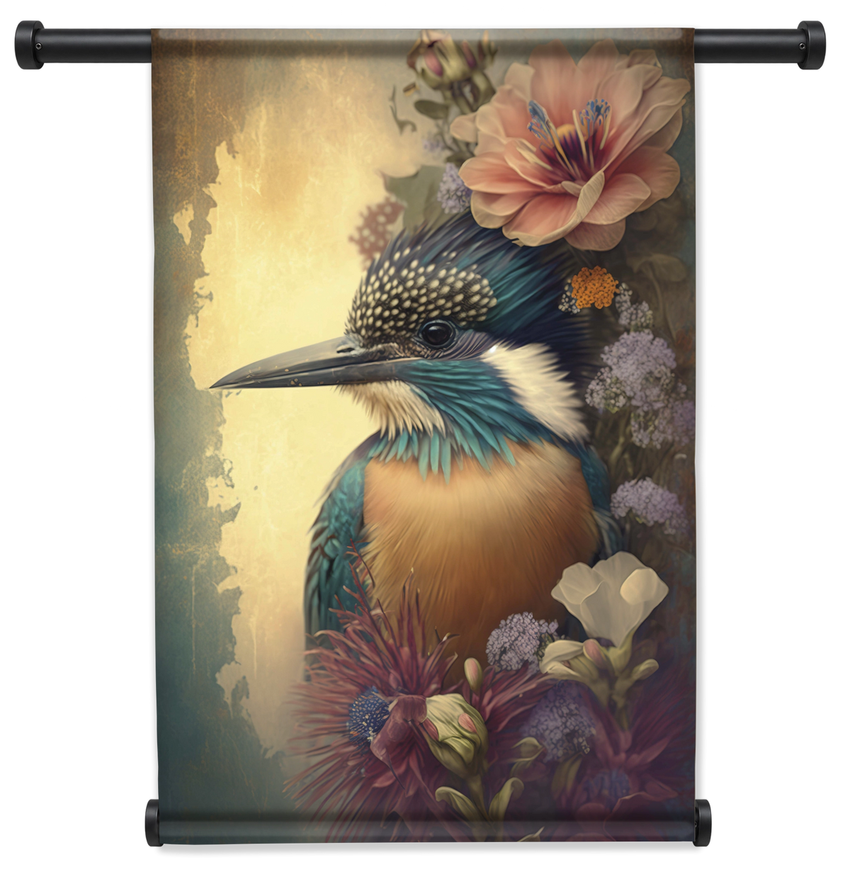 Wandkleed Ijsvogel: ijsvogel tussen bloemen in zachte blauwe en gele tinten.