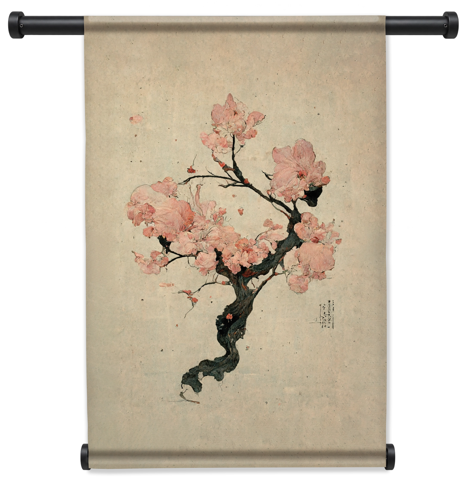 Japanse kersenbloesem wandkleed staand met zwarte roedes