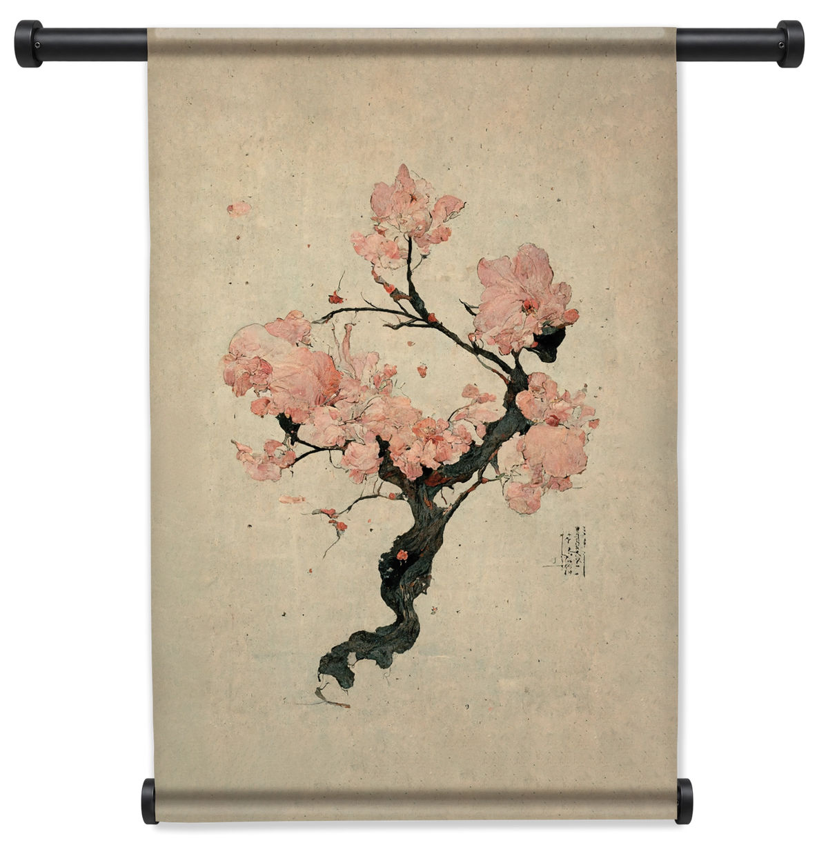 Wandkleed Japanse kersenbloesem: roze kersenbloesem aan een donkere tak op beige achtergrond.
