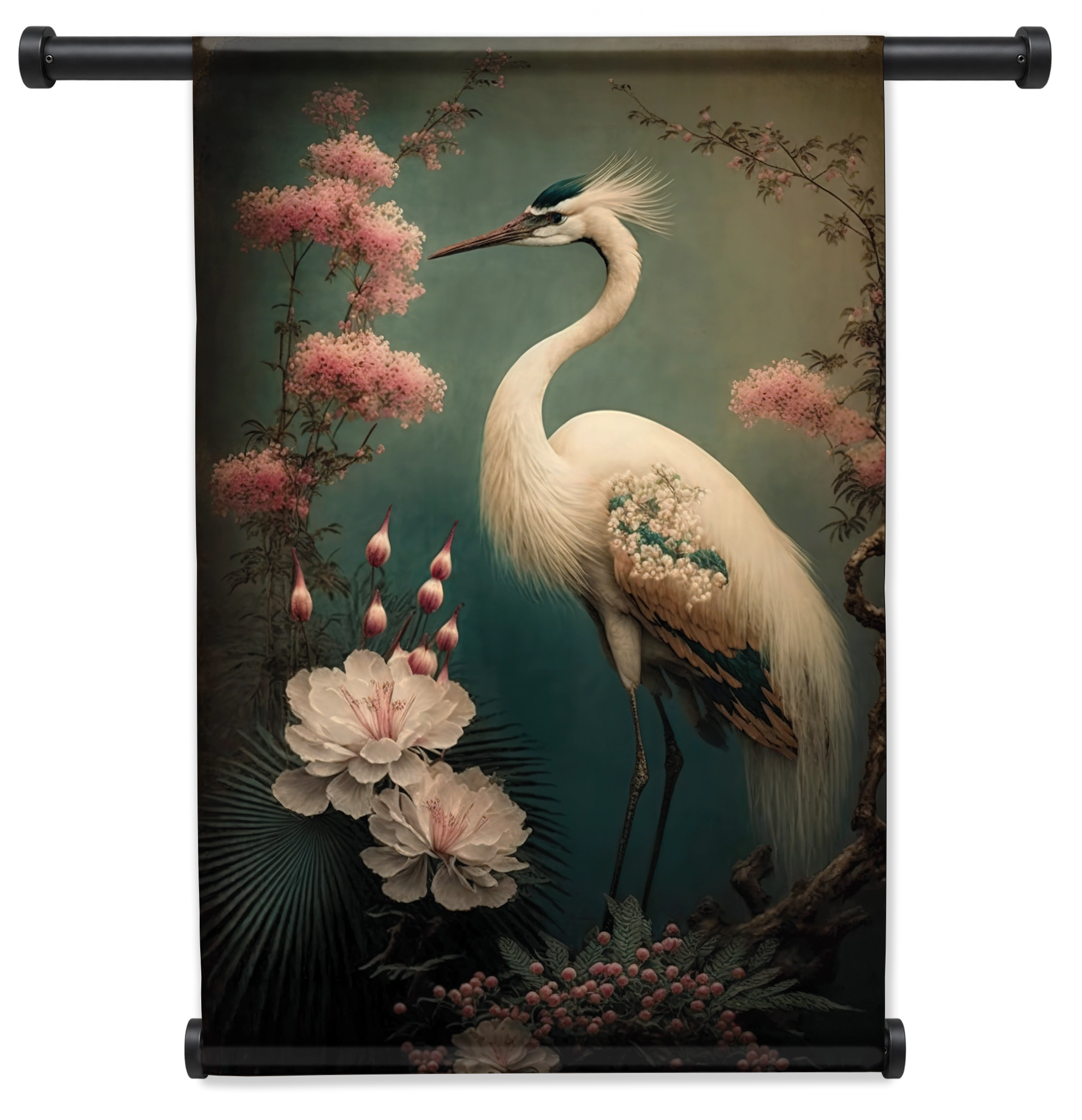 Japanse kraanvogel 2 wandkleed staand met zwarte roedes