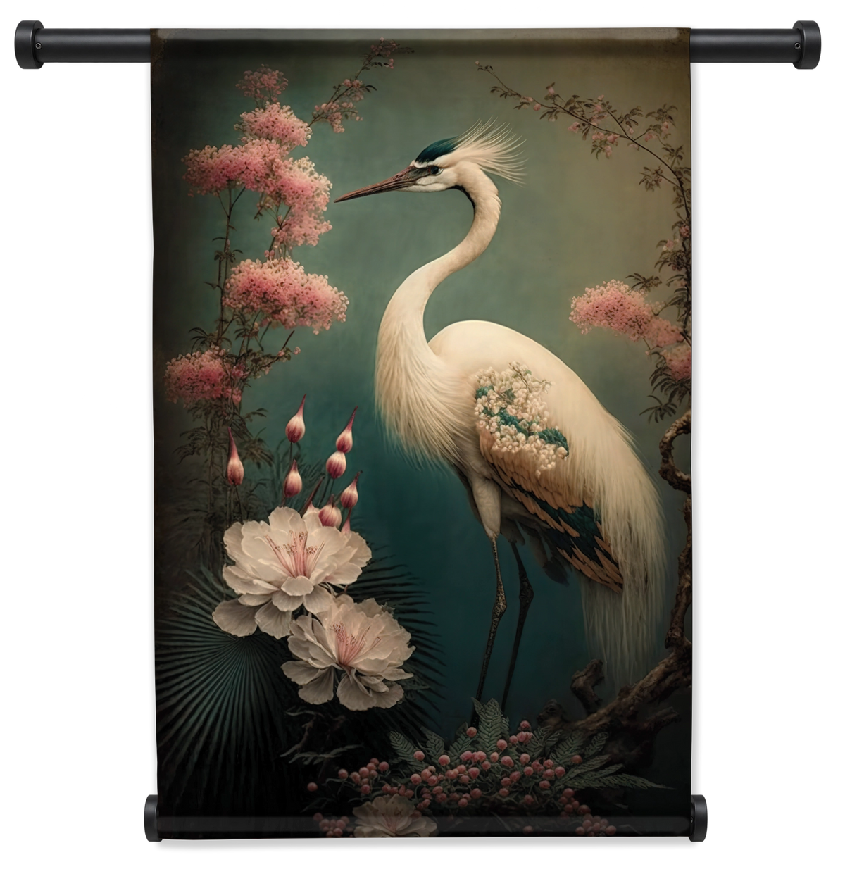 Wandkleed Japanse kraanvogel 2: witte kraanvogel tussen bloemen tegen een donkergroene achtergrond.