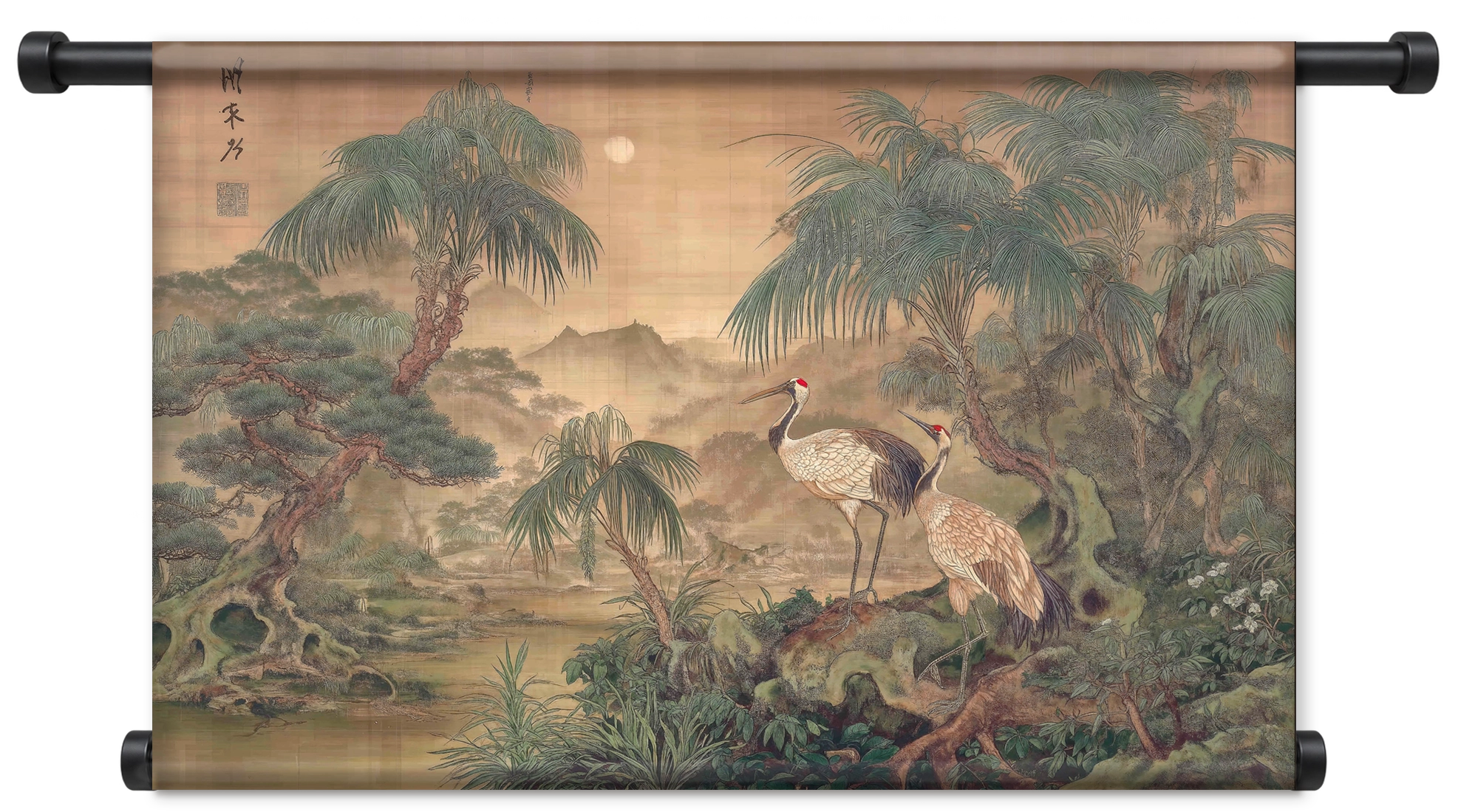 Wandkleed Japanse kraanvogel 5: kraanvogels bij het water in een Aziatisch landschap met bomen.