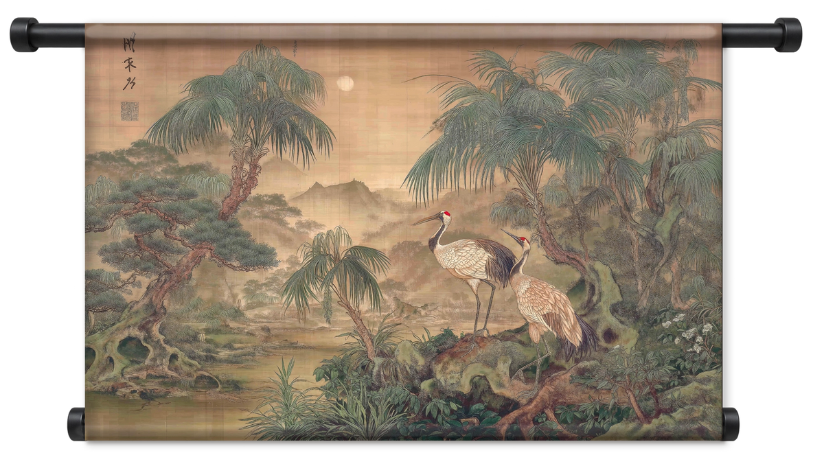 Wandkleed Japanse kraanvogel 5: kraanvogels bij het water in een Aziatisch landschap met bomen.