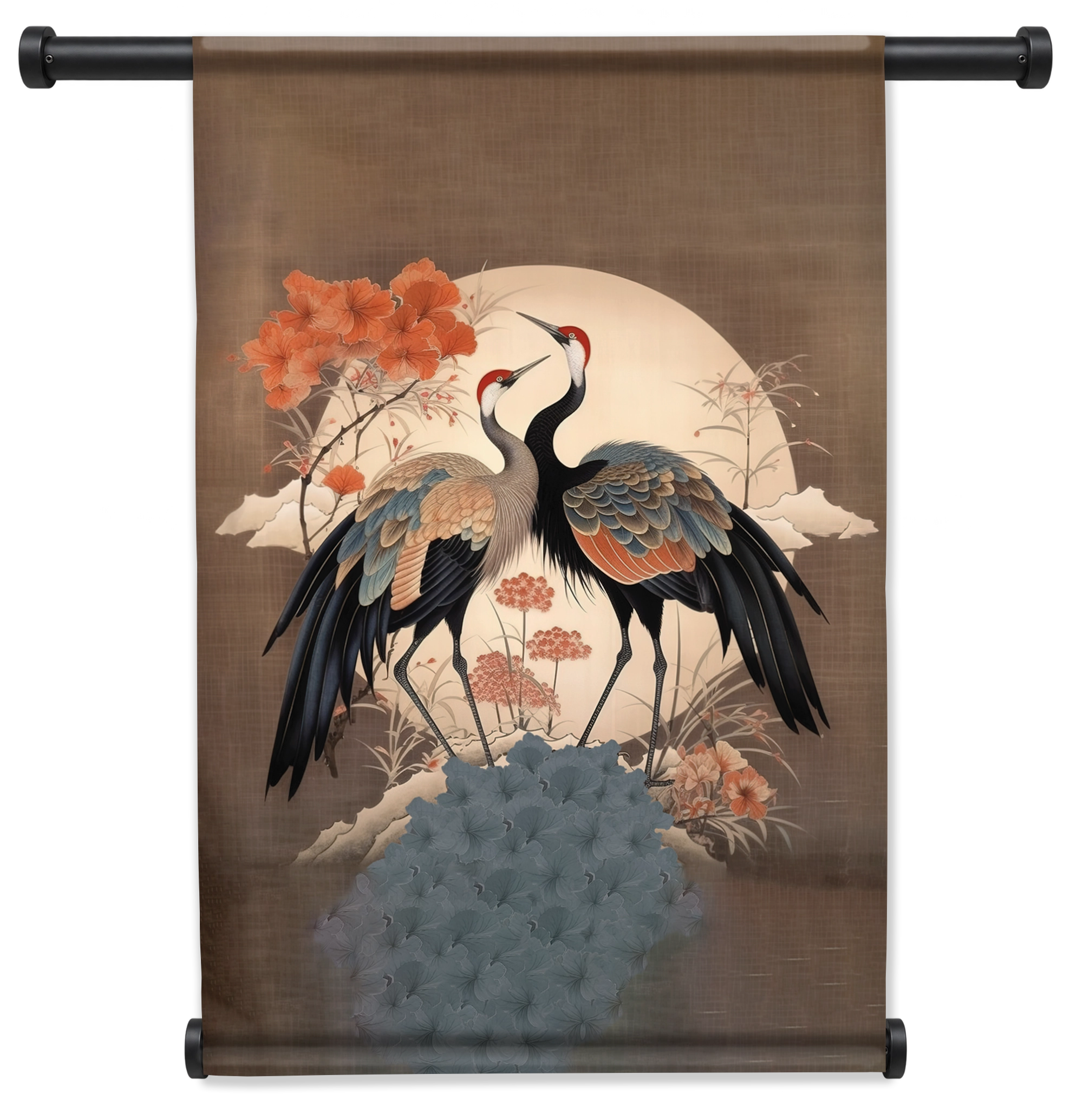 Japanse kraanvogels 2 wandkleed staand met zwarte roedes
