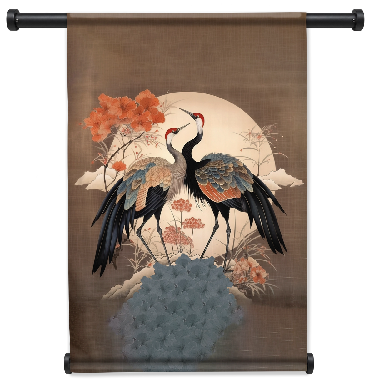 Wandkleed Japanse kraanvogels 2: twee kraanvogels met bloemen voor een lichte ronde maan.