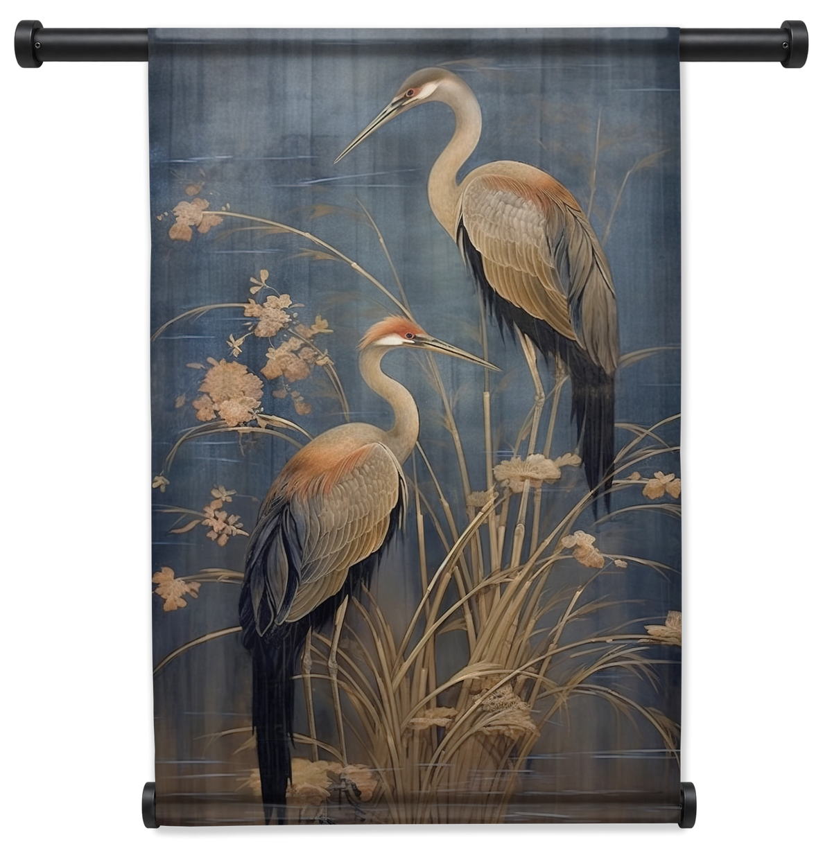 Wandkleed Japanse kraanvogels 3: twee langbenige vogels tussen planten tegen een blauwe achtergrond.