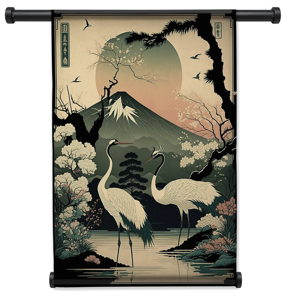 Wandkleed Japanse kraanvogels 4: twee kraanvogels bij het water met een berg op de achtergrond.