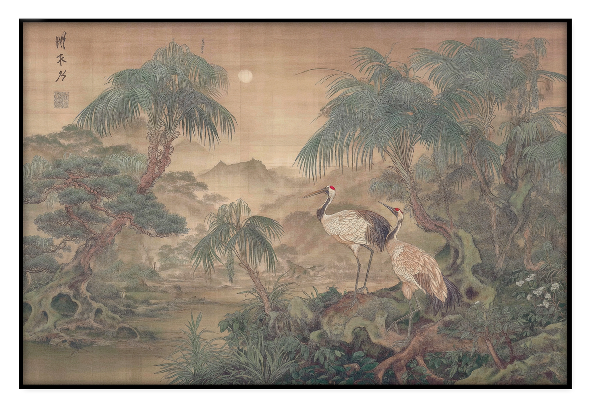 Akoestisch paneel Japanse kraanvogels 5: kraanvogels bij het water in een Aziatisch landschap met bomen.
