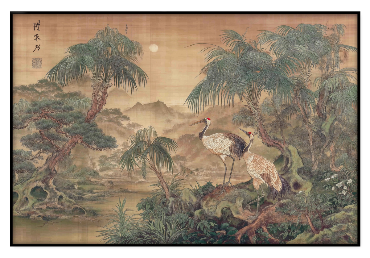 Artframe Japanse kraanvogels 5: kraanvogels bij het water in een Aziatisch landschap met bomen.