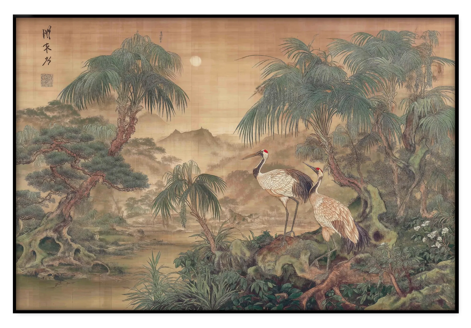 Japanse kraanvogels 5 op artframe: kraanvogels in een groen Aziatisch landschap met bomen en water.