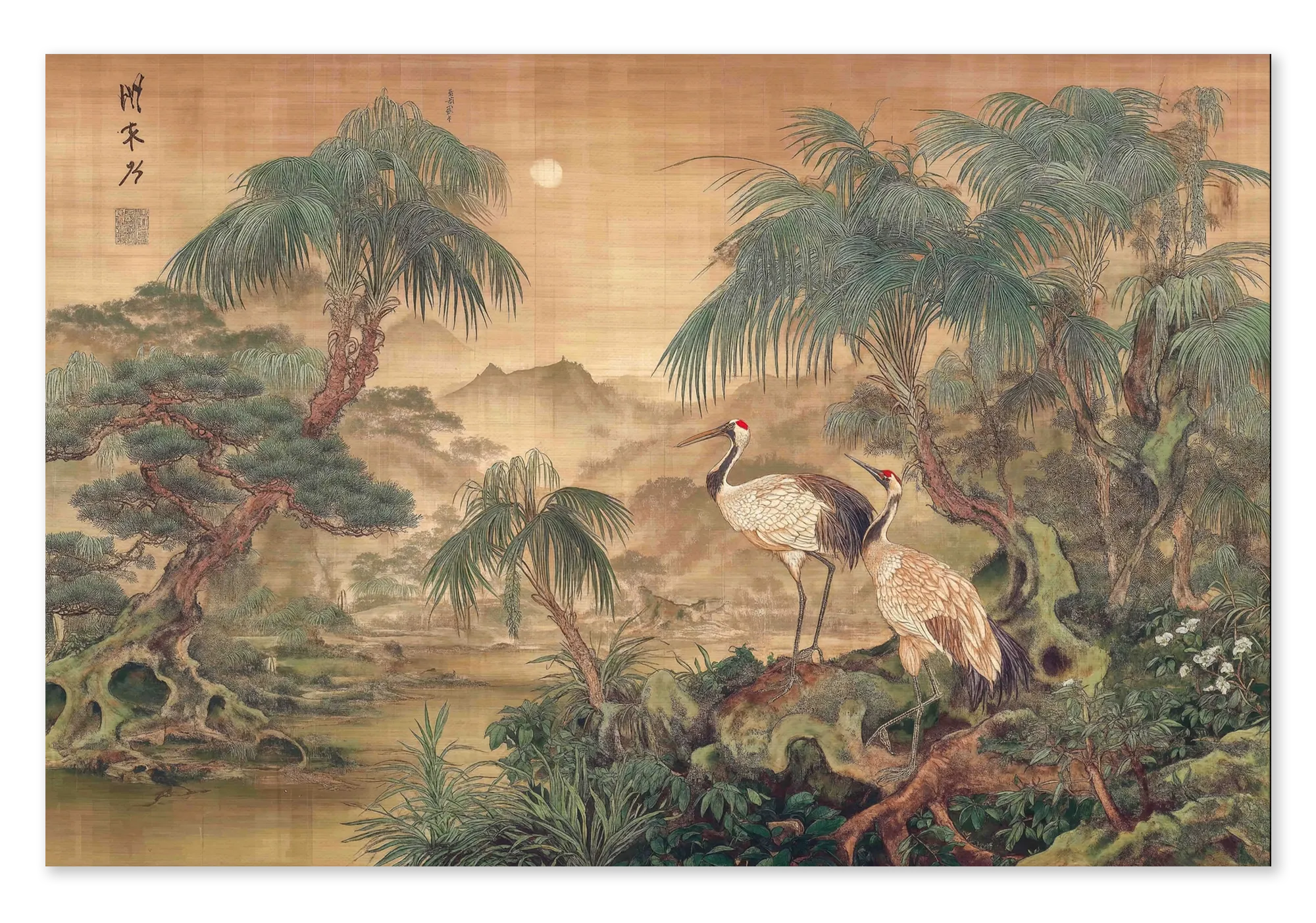 Japanse kraanvogels 5 op canvas: kraanvogels in een groen Aziatisch landschap met bomen en water.