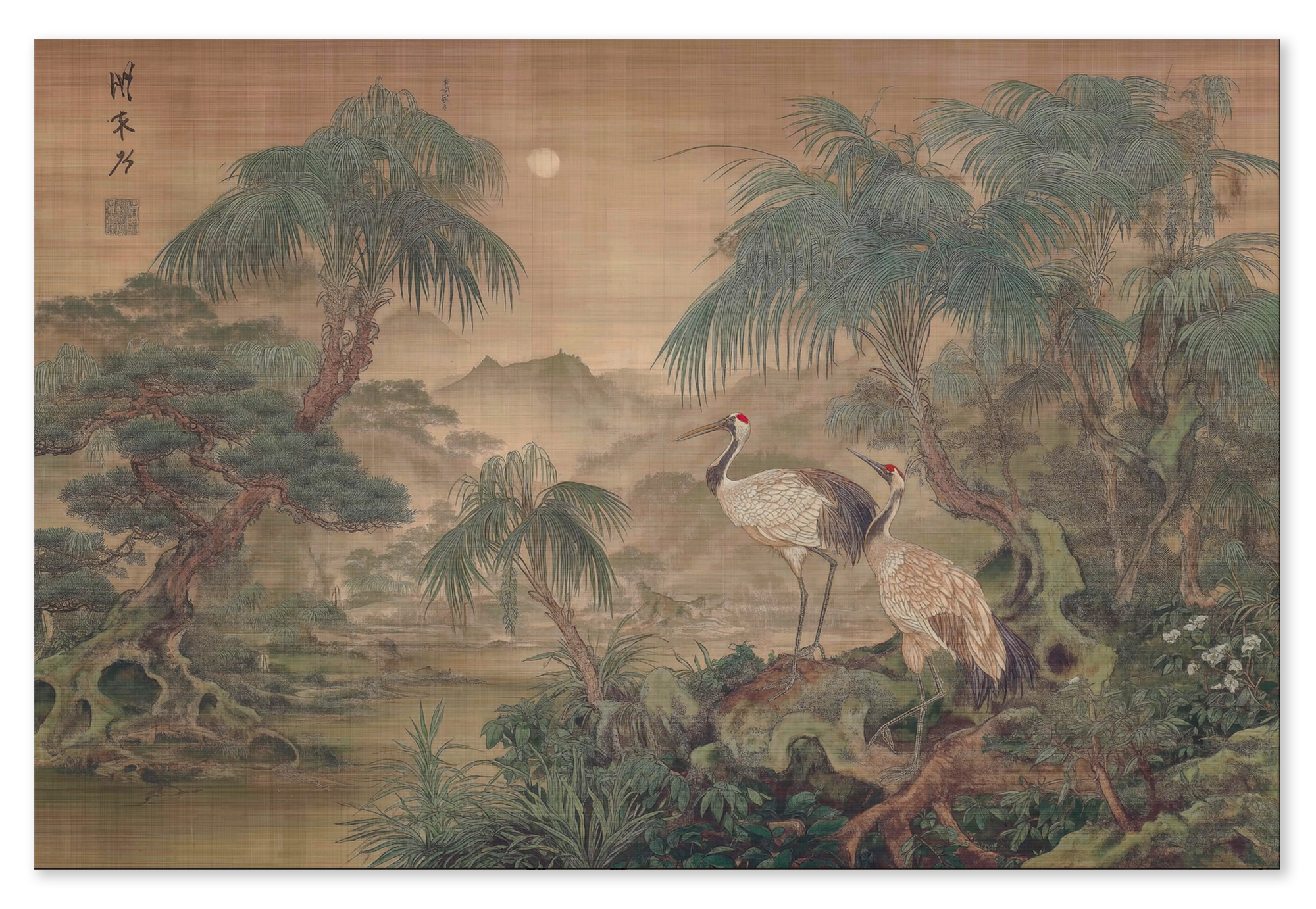 Houten wanddecoratie Japanse kraanvogels 5: kraanvogels bij het water in een Aziatisch landschap met bomen.