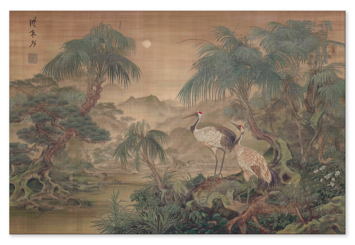 Houten wanddecoratie Japanse kraanvogels 5: kraanvogels bij het water in een Aziatisch landschap met bomen.