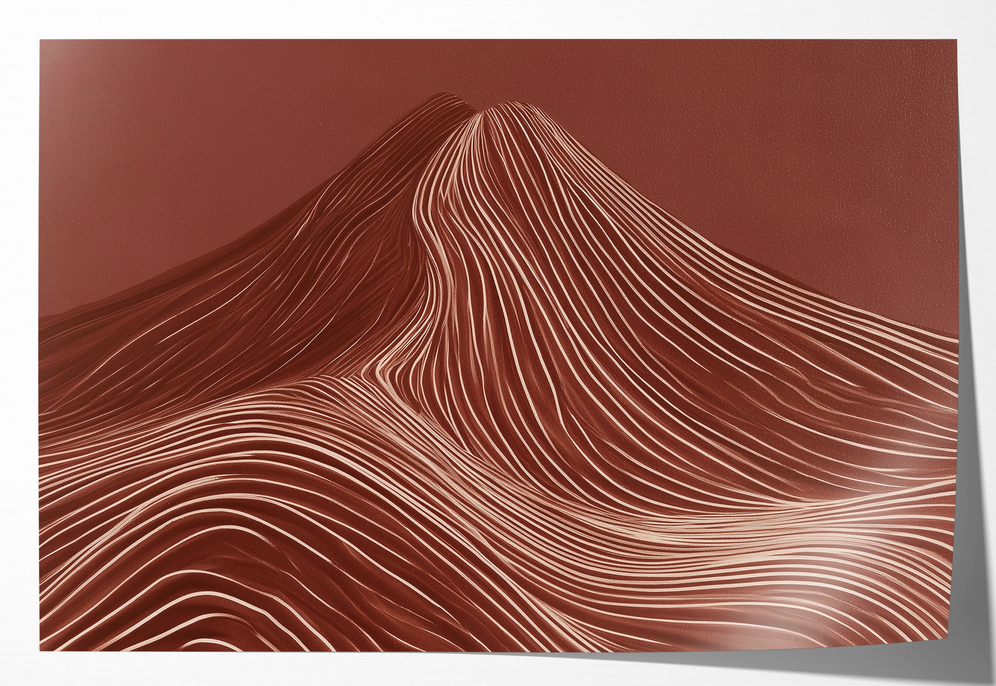Papieren poster De rode berg: abstracte rode berg met fijne golvende lijnen.