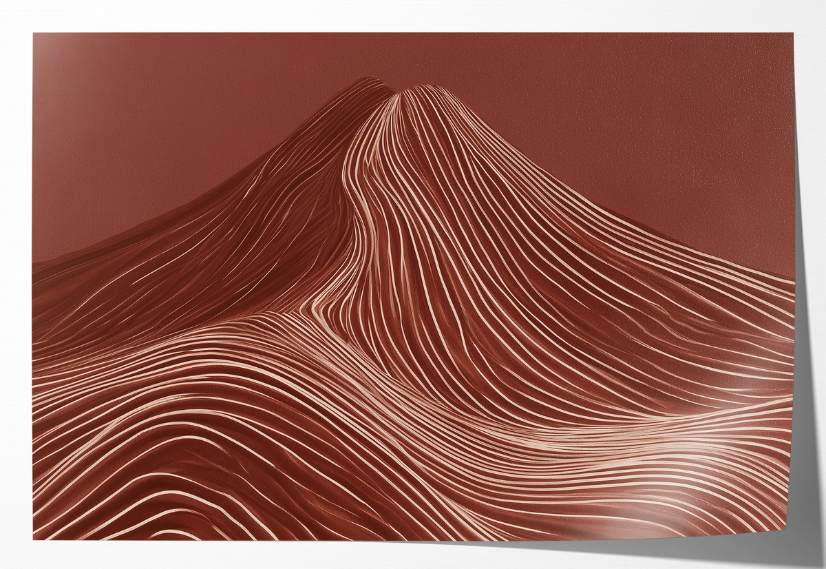 Papieren poster De rode berg: abstracte rode berg met fijne golvende lijnen.