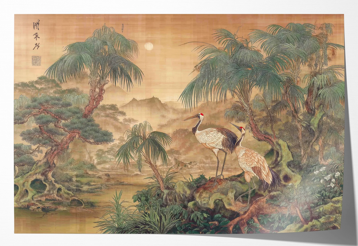 Japanse kraanvogels 5 op papier: kraanvogels in een groen Aziatisch landschap met bomen en water.