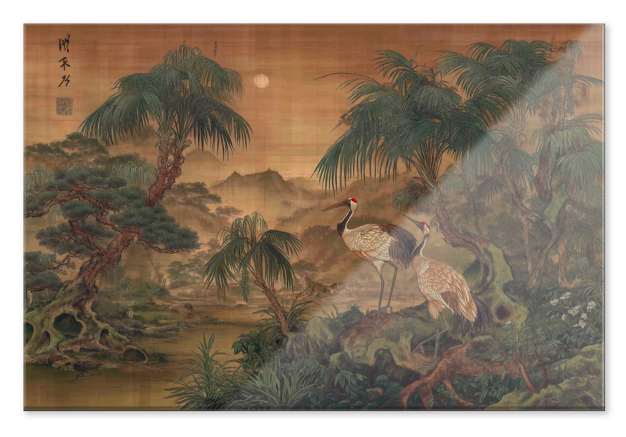 Plexiglas schilderij Japanse kraanvogels 5: kraanvogels bij het water in een Aziatisch landschap met bomen.