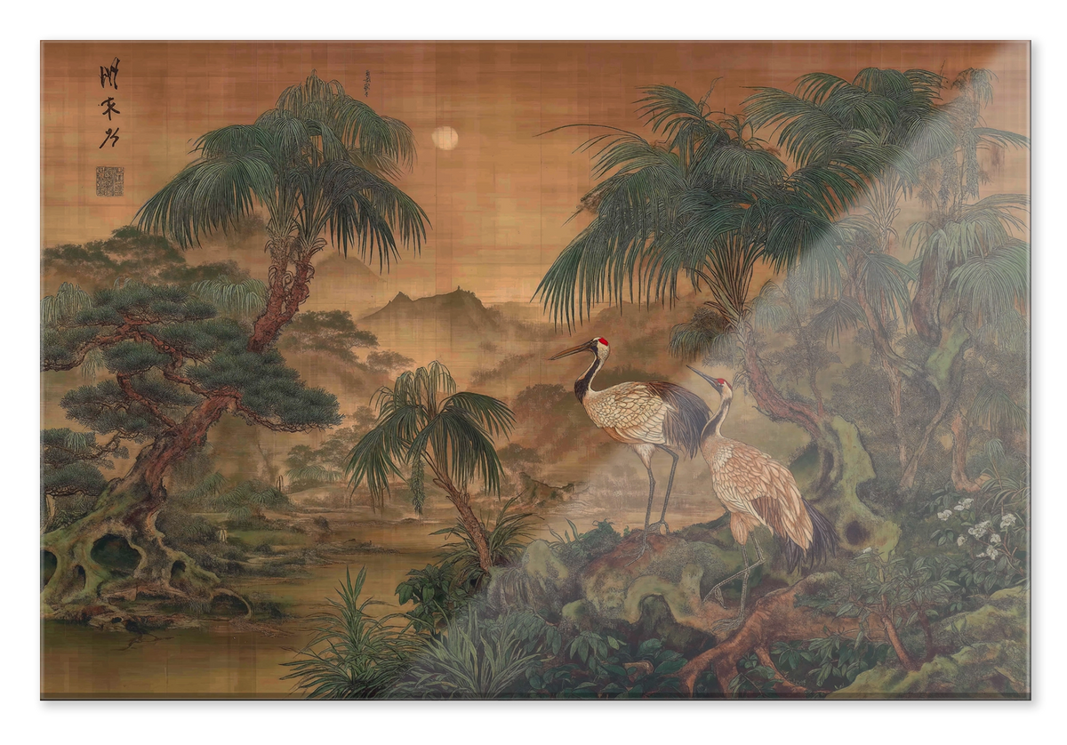 Plexiglas schilderij Japanse kraanvogels 5: kraanvogels bij het water in een Aziatisch landschap met bomen.