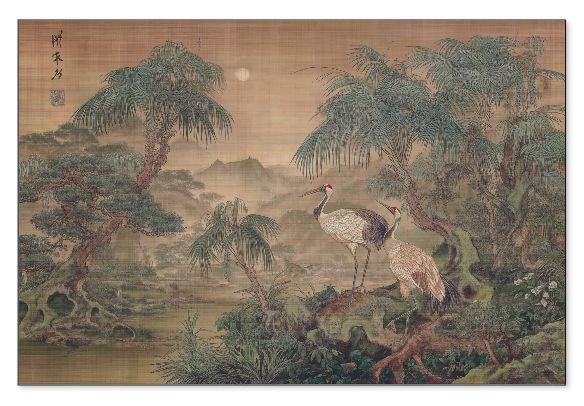Aluminium Dibond schilderij Japanse kraanvogels 5: kraanvogels bij het water in een Aziatisch landschap met bomen.