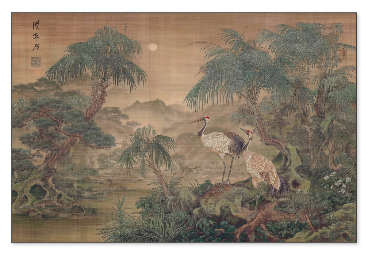 Aluminium Dibond schilderij Japanse kraanvogels 5: kraanvogels bij het water in een Aziatisch landschap met bomen.