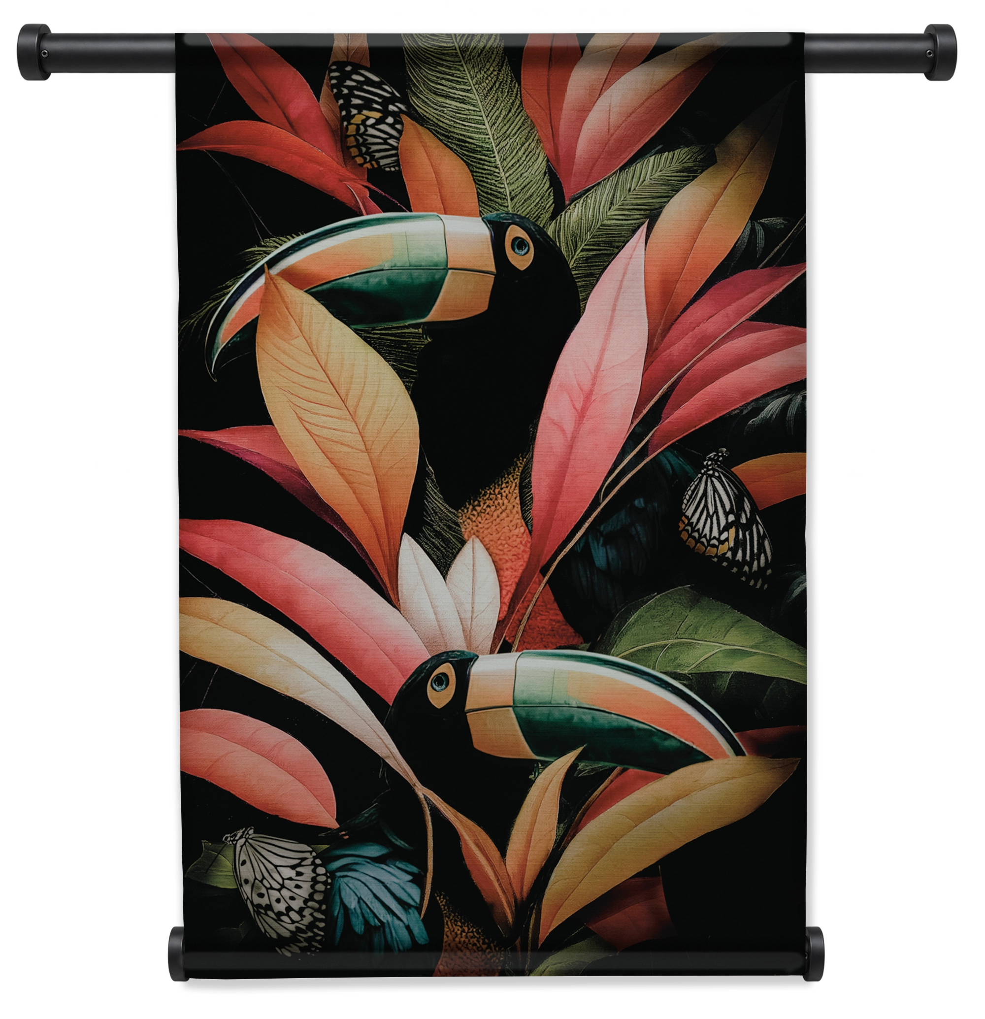 Jungle Toekans wandkleed staand met zwarte roedes