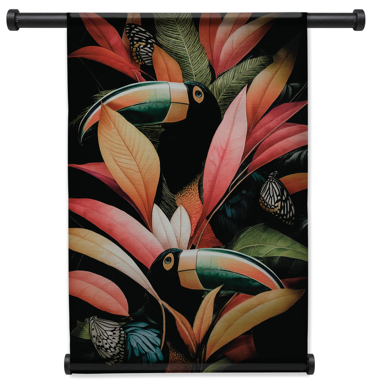 Jungle Toekans wandkleed staand met zwarte roedes