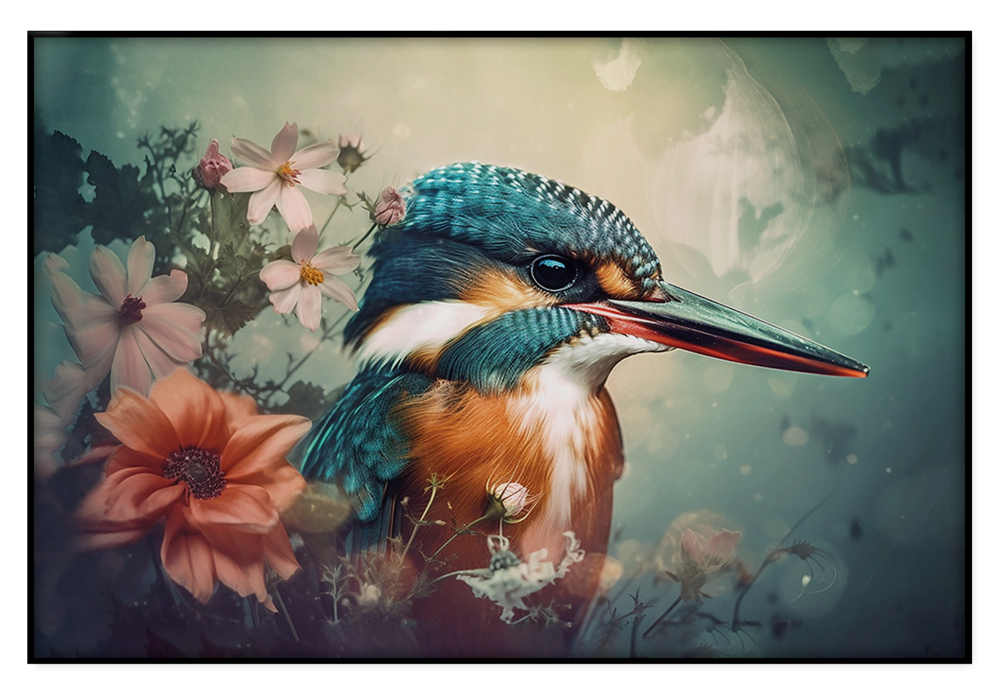 Artframe Ijsvogel 5: blauw-oranje ijsvogel tussen bloemen tegen een zachte groene achtergrond.
