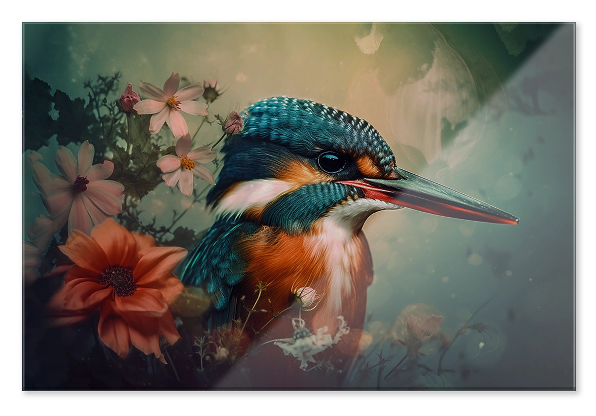 Plexiglas schilderij Ijsvogel 5: blauw-oranje ijsvogel tussen bloemen tegen een zachte groene achtergrond.