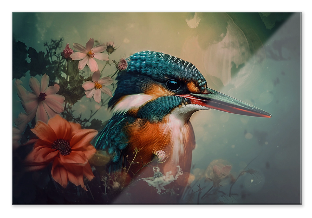 Plexiglas schilderij Ijsvogel 5: blauw-oranje ijsvogel tussen bloemen tegen een zachte groene achtergrond.