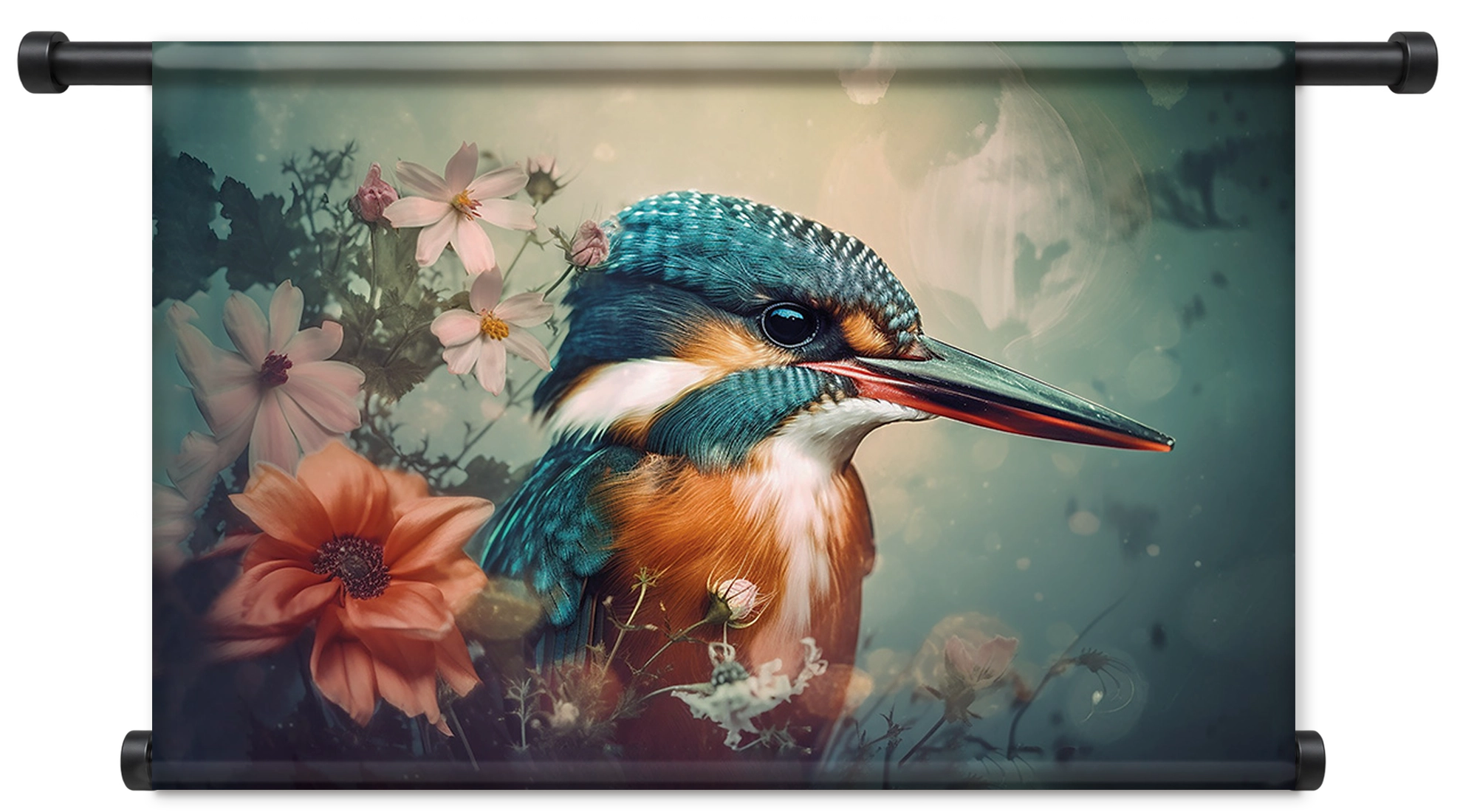 Ijsvogel 5 als liggend wandkleed met zwarte roedes