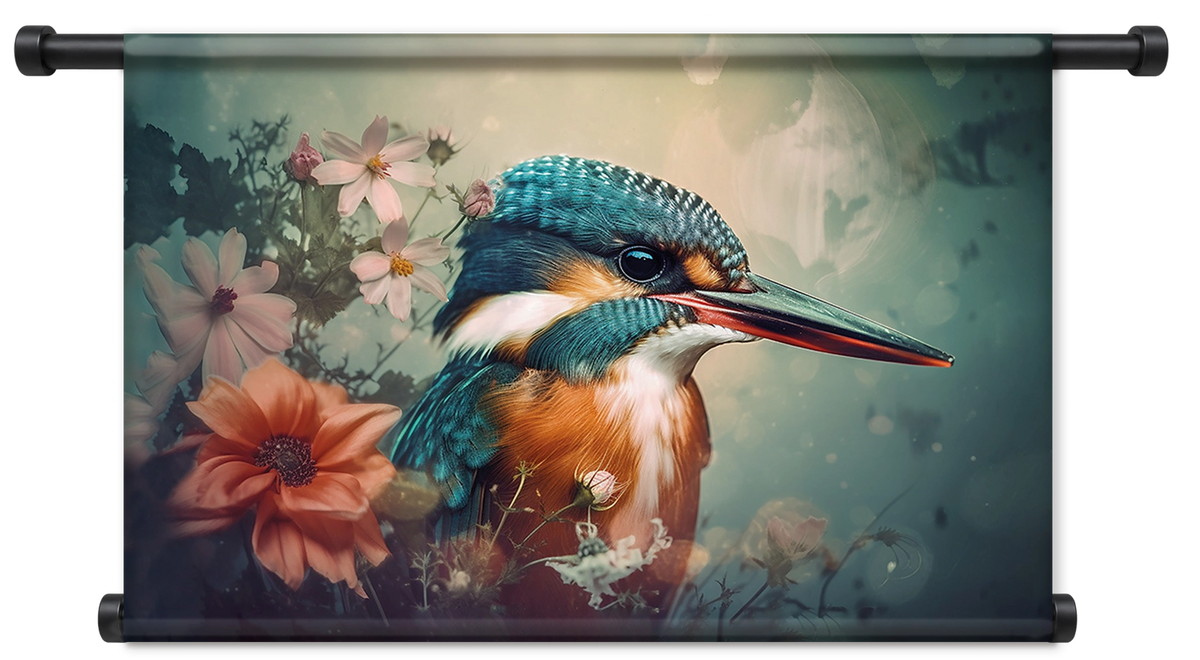 Ijsvogel 5 als liggend wandkleed met zwarte roedes