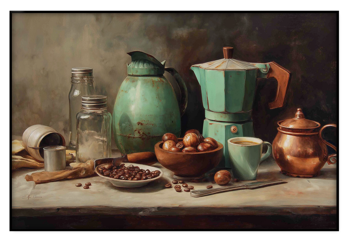 Artframe Koffie: stilleven met koffiepotten, kopjes en koffiebonen.