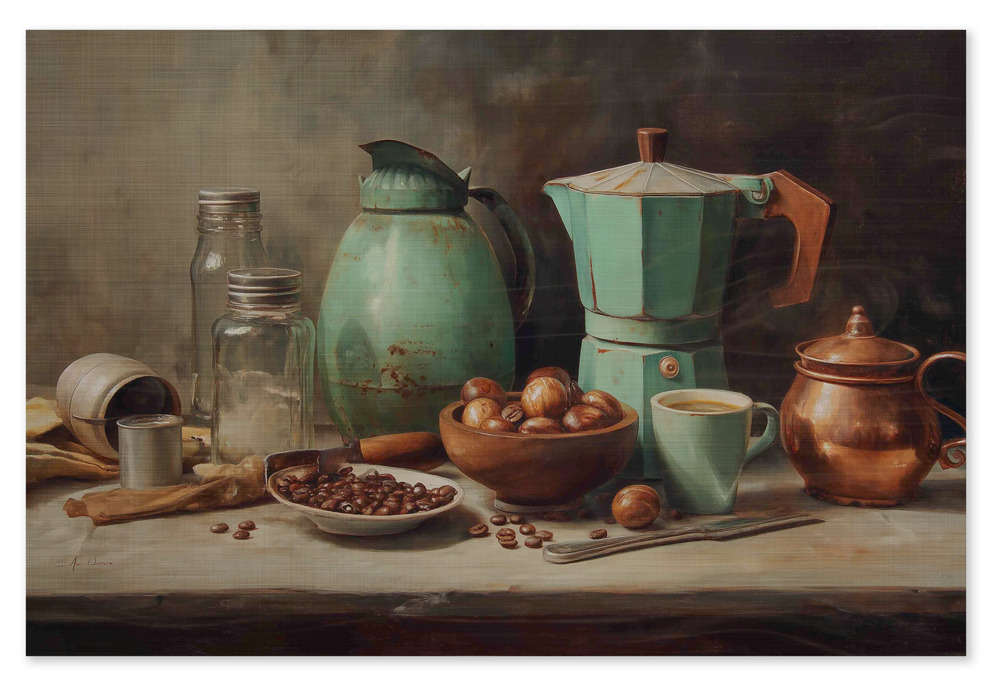 Houten wanddecoratie Koffie: stilleven met koffiepotten, kopjes en koffiebonen.