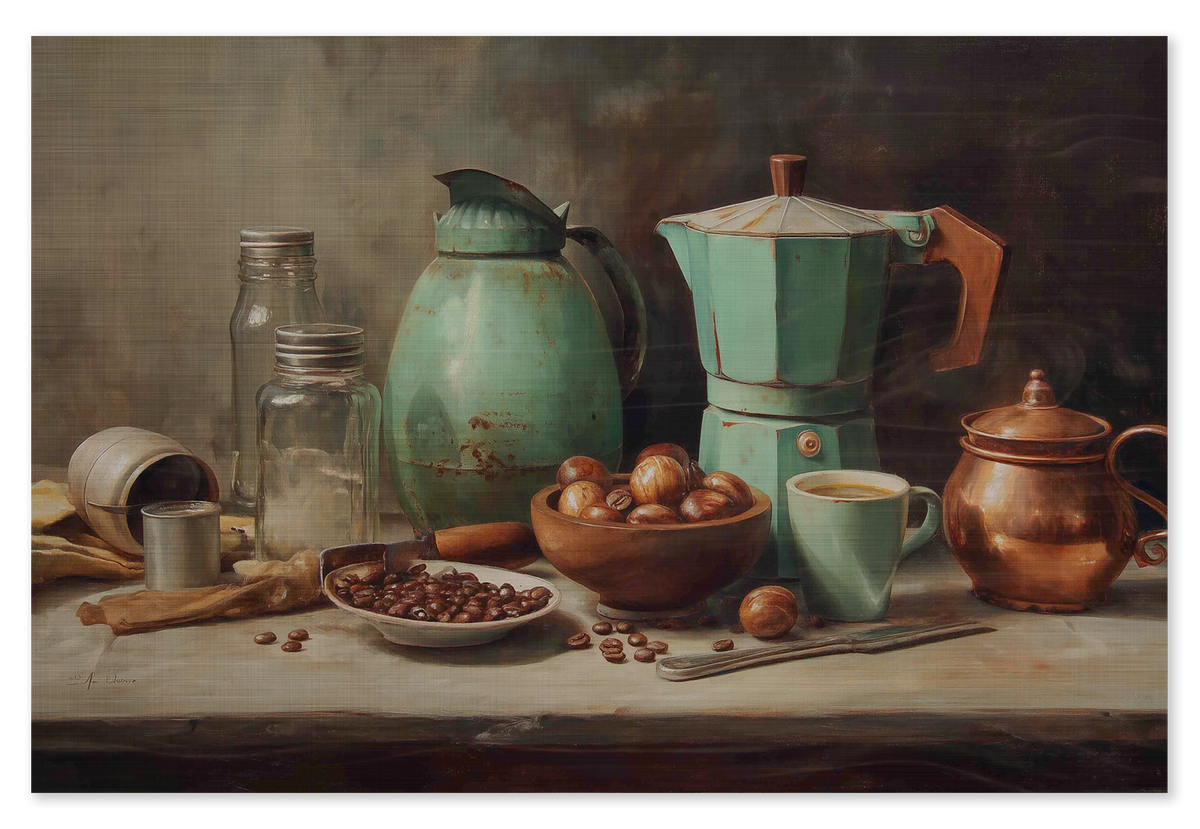 Houten wanddecoratie Koffie: stilleven met koffiepotten, kopjes en koffiebonen.