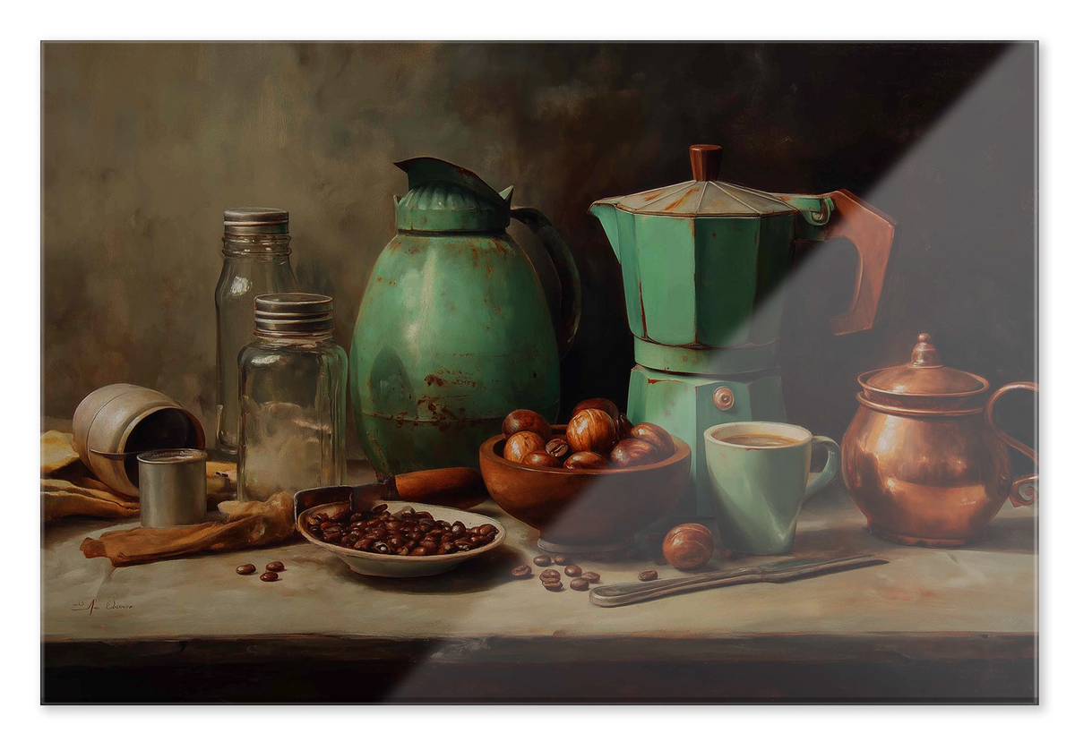 Plexiglas schilderij Koffie: stilleven met koffiepotten, kopjes en koffiebonen.