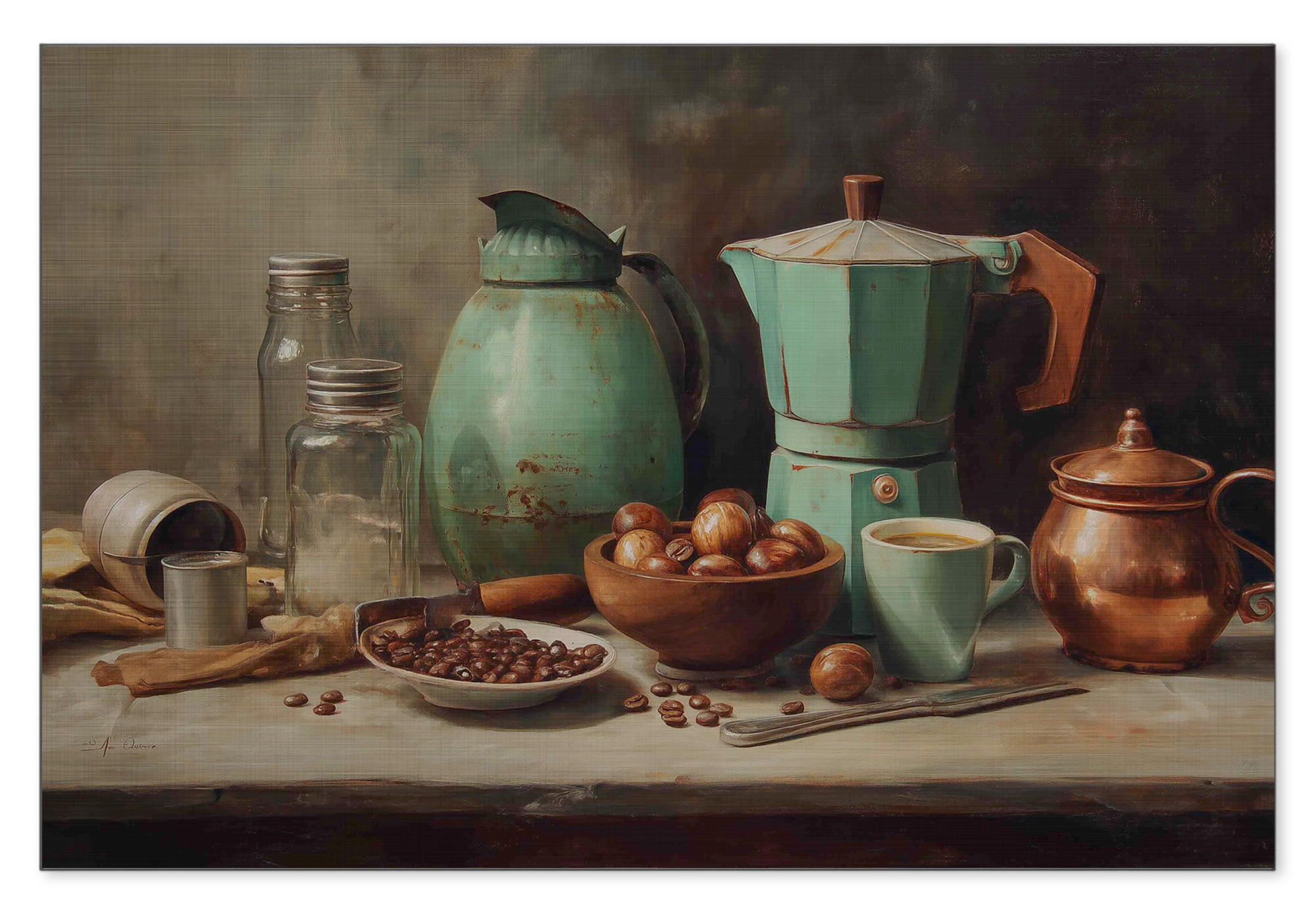 Aluminium Dibond schilderij Koffie: stilleven met koffiepotten, kopjes en koffiebonen.