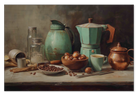 Aluminium Dibond schilderij Koffie: stilleven met koffiepotten, kopjes en koffiebonen.