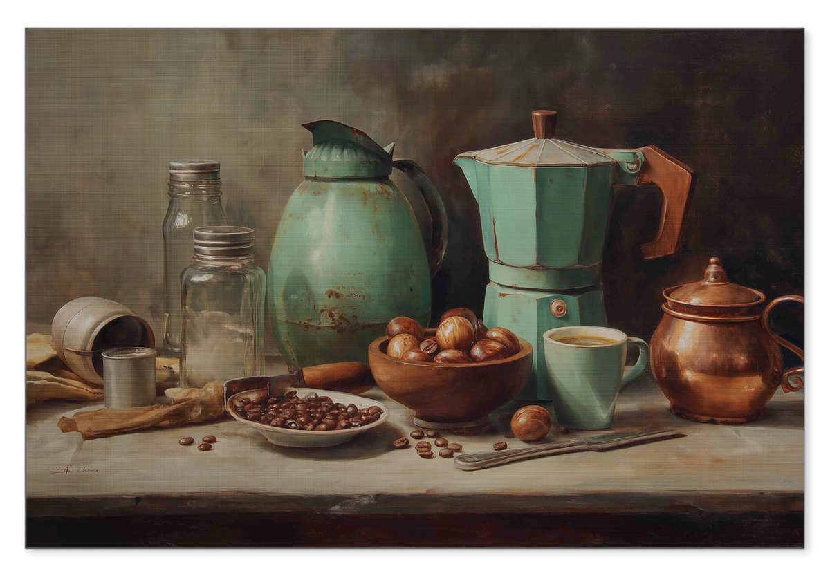 Aluminium Dibond schilderij Koffie: stilleven met koffiepotten, kopjes en koffiebonen.
