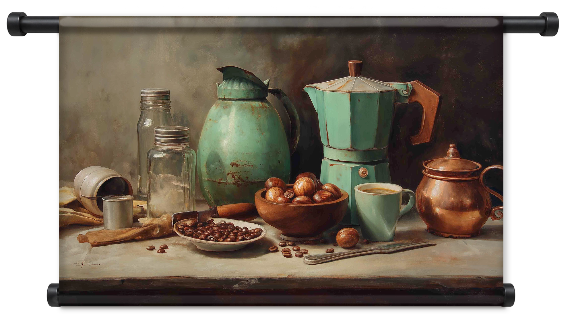 Koffie als liggend wandkleed met zwarte roedes