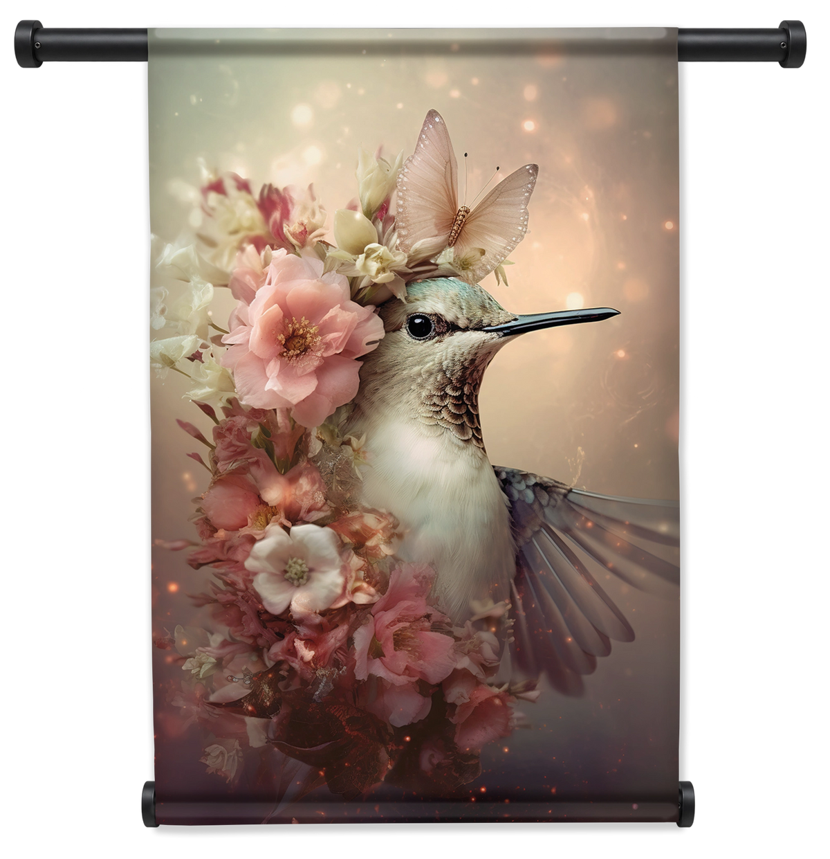 Wandkleed Kolibri 2: kolibri met roze bloemen en een vlinder op de kop.