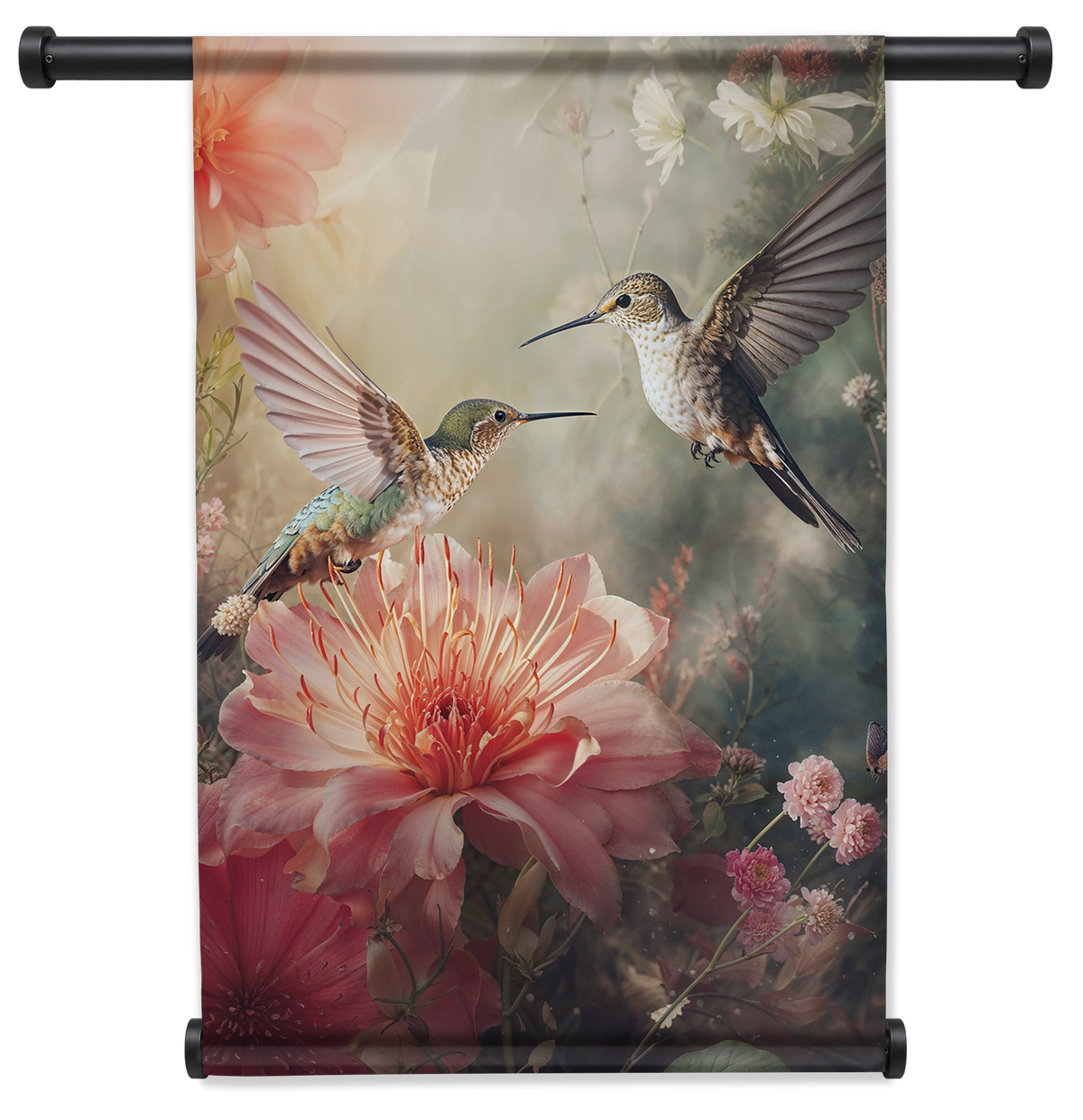Wandkleed Kolibries 4: twee kolibries boven grote roze bloemen.